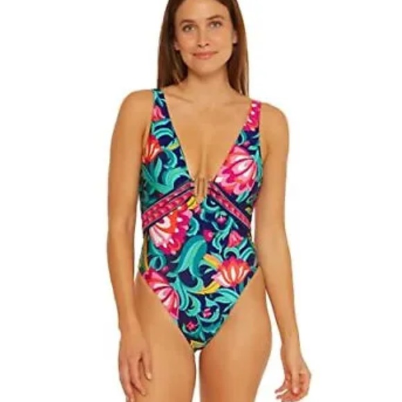 Trina Turk Women's Standard India Garden Plunge Neck Sz 12 Tropical - Picture 3 of 3